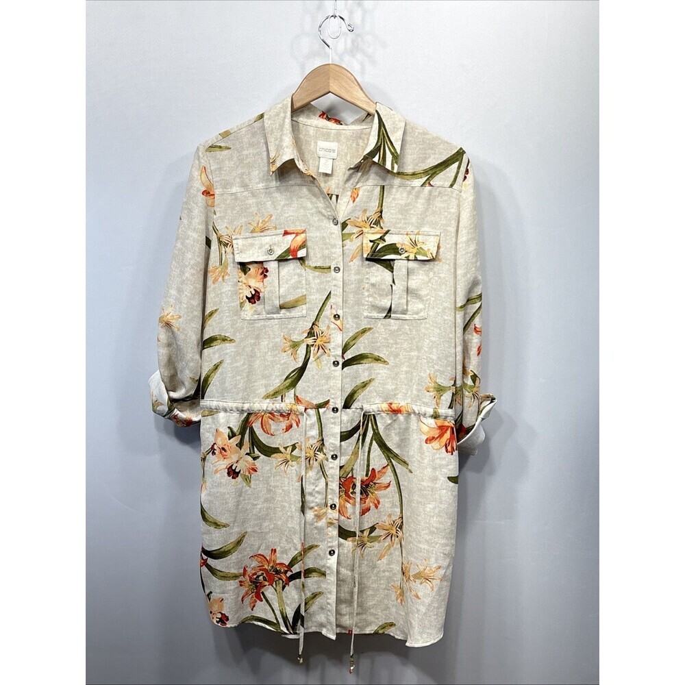 Chicos Shirt Tunic Dress Size 2 Beige Green Tropical Floral Tie  Pockets Large